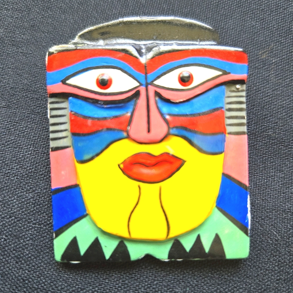 VTG Abstract Face Brooch Painted Paper Mache, Art Deco Tribal Folk Art, 1"x2" - Picture 2 of 7